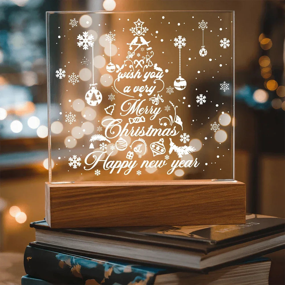 Merry Christmas & Happy New Year Acrylic Plaque – Elegant Holiday LED Light Décor | Festive Tree Design Gift