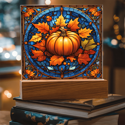 Stained Glass Pumpkin Acrylic Plaque – Elegant Thanksgiving Home Décor | Fall Harvest LED Light Display
