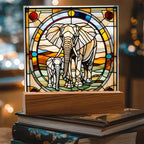 Elephant Mother and Baby Calf - Stained Glass Style LED Acrylic Plaque – A Symbol of Strength, Love, and Family