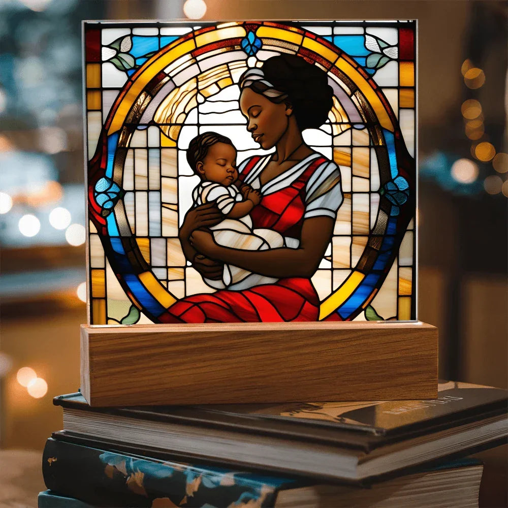 Black Mother and Baby Stained Glass Style LED Acrylic Plaque – A Powerful Tribute for New Moms and Mother's Day