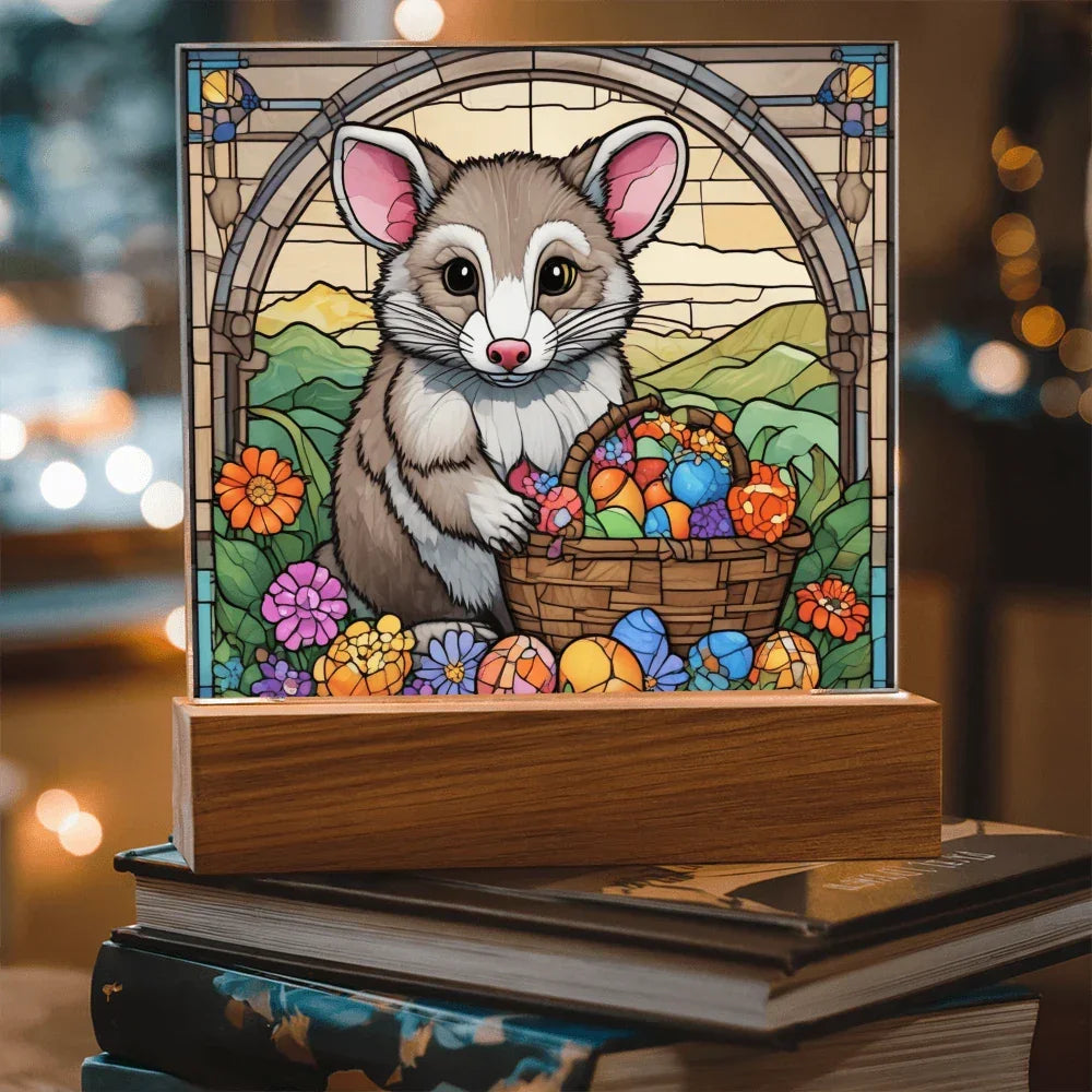 Possum LED Acrylic Plaque, Night Light – Spring Flowers & Easter Egg Basket – Wooden Base (Battery or Corded)