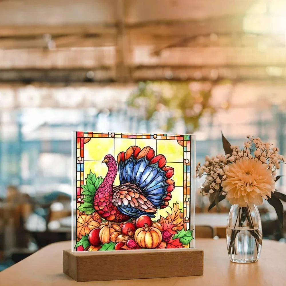 Thanksgiving Turkey Stained-glass Acrylic Square LED Lighted Wooden Base
