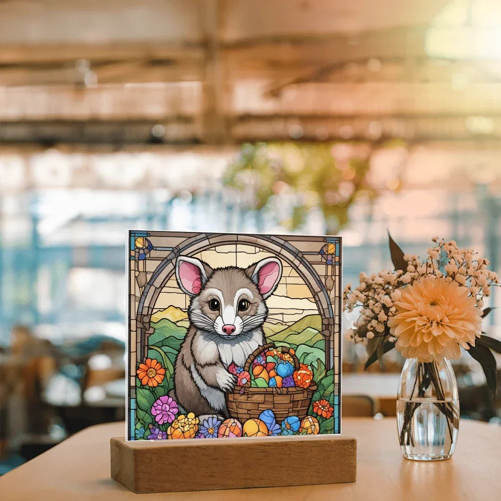 Possum LED Acrylic Plaque, Night Light – Spring Flowers & Easter Egg Basket – Wooden Base (Battery or Corded)