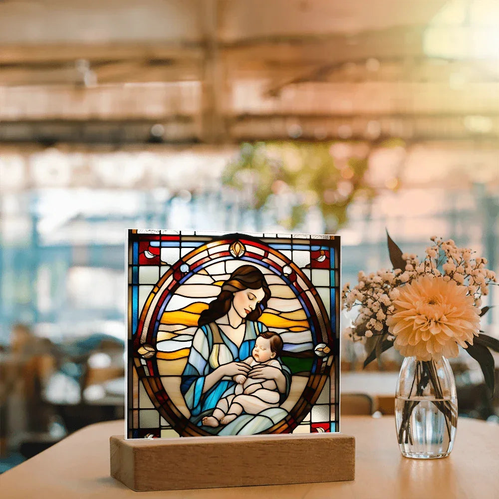 Brunette Mother and Baby - Stained Glass Style LED Acrylic Plaque – A Cherished Gift for Mother's Day or New Moms