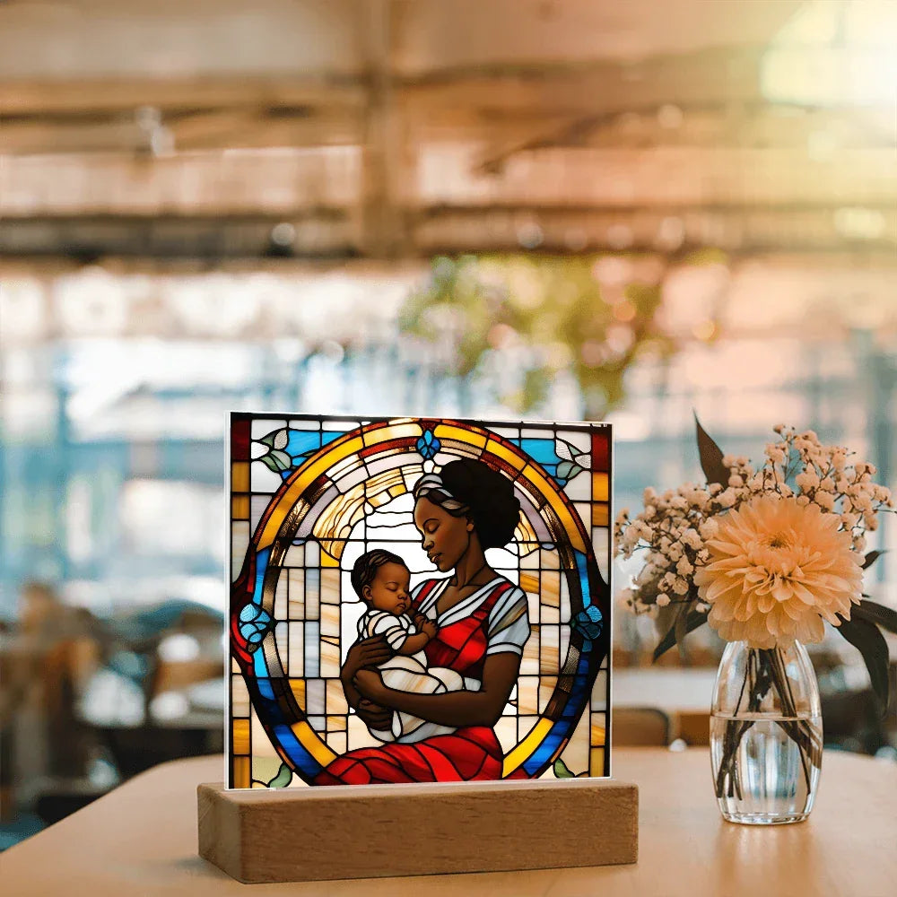 Black Mother and Baby Stained Glass Style LED Acrylic Plaque – A Powerful Tribute for New Moms and Mother's Day