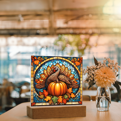 Thanksgiving Stained Glass Turkey Acrylic Plaque – Elegant Fall Home Decor with LED Light Base | Autumn Window Art Inspired Gift