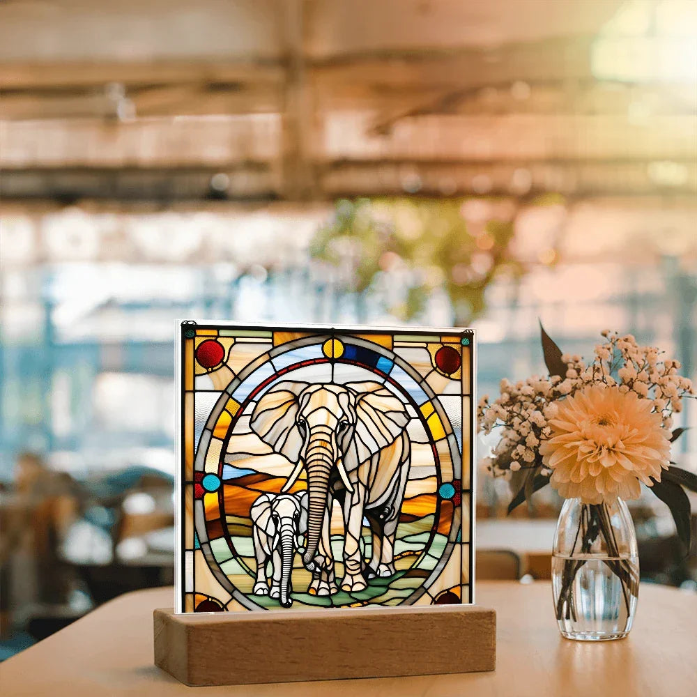 Elephant Mother and Baby Calf - Stained Glass Style LED Acrylic Plaque – A Symbol of Strength, Love, and Family