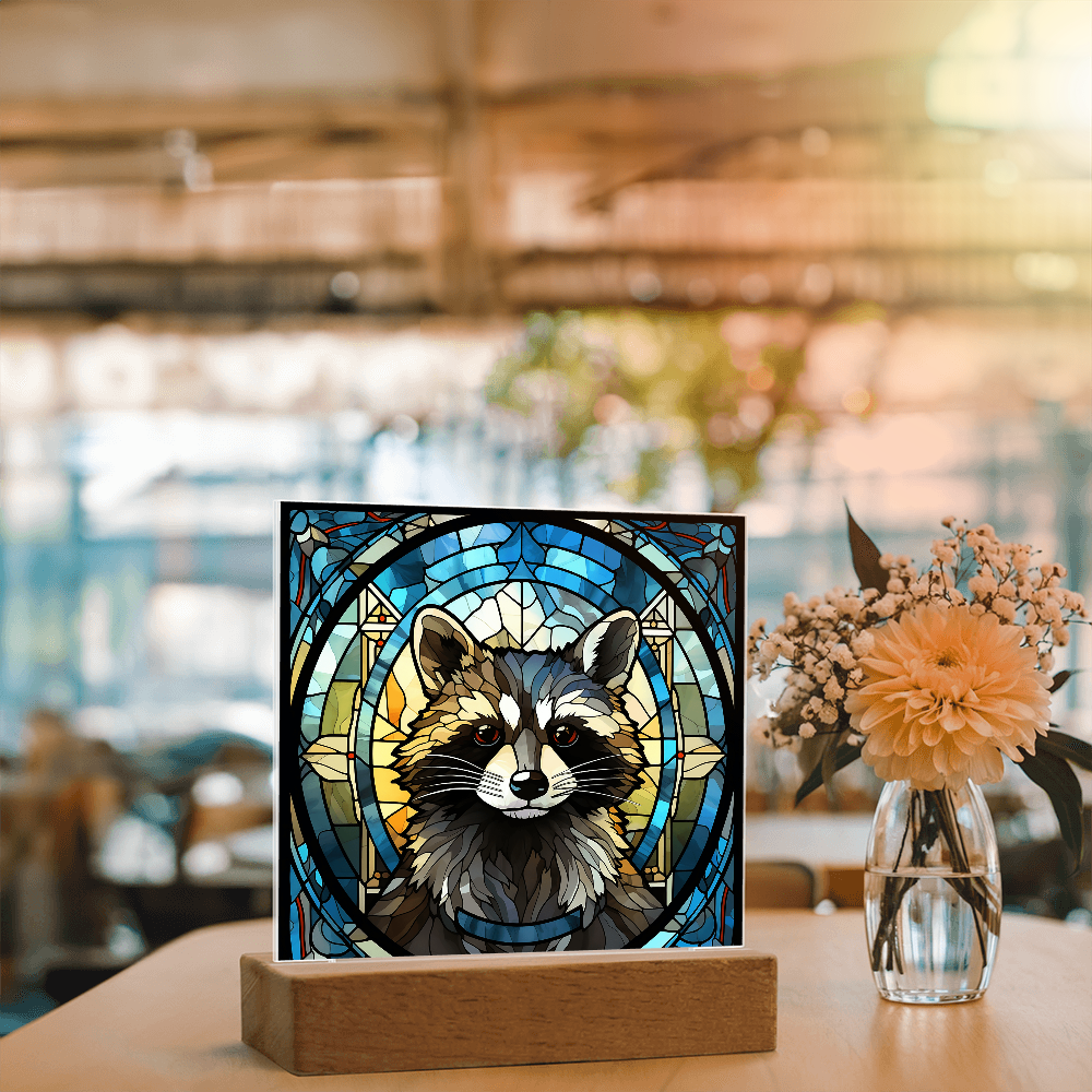 Stained Glass Raccoon Acrylic LED Light Plaque – Custom Animal Art Gift with Wooden Base - Mallard Moon Gift Shop