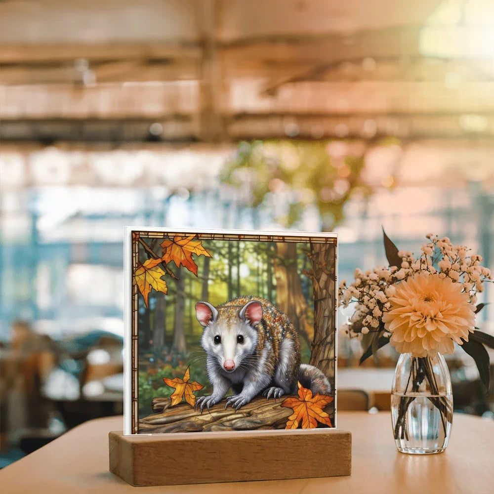 North American Opossum LED Acrylic Plaque – Autumn Forest Scene – Wooden Base (Battery or Corded)