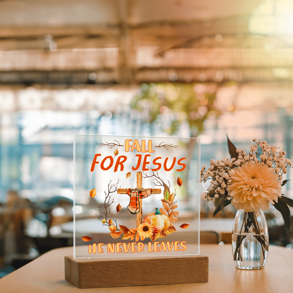 Fall for Jesus Acrylic Plaque – Christian Fall Décor with Cross and Pumpkins | Faith-Based LED Light Display Gift