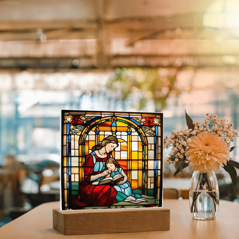 Mother and Child Reading Together Stained-Glass Style LED Acrylic Plaque – A Heartfelt Gift for Moms and Book-Loving Families