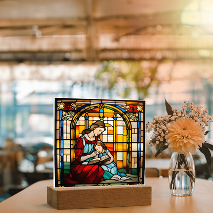 Mother and Child Reading Together Stained-Glass Style LED Acrylic Plaque – A Heartfelt Gift for Moms and Book-Loving Families - Mallard Moon Gift Shop