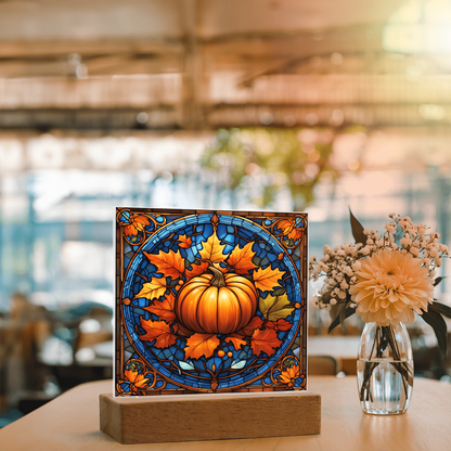 Stained Glass Pumpkin Acrylic Plaque – Elegant Thanksgiving Home Décor | Fall Harvest LED Light Display