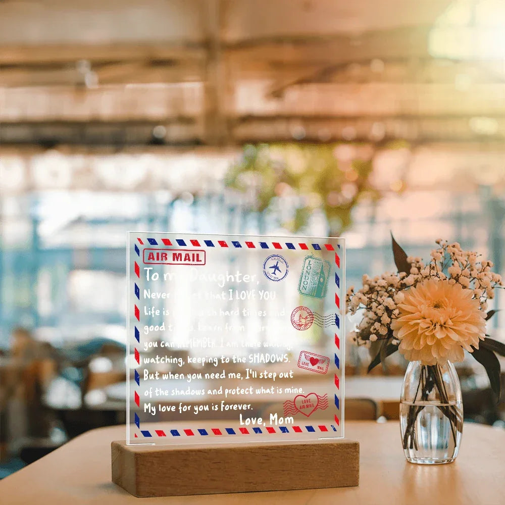 To My Daughter Airmail Acrylic Plaque – Love from Mom | Heartfelt LED Light Gift with Message of Strength and Protection