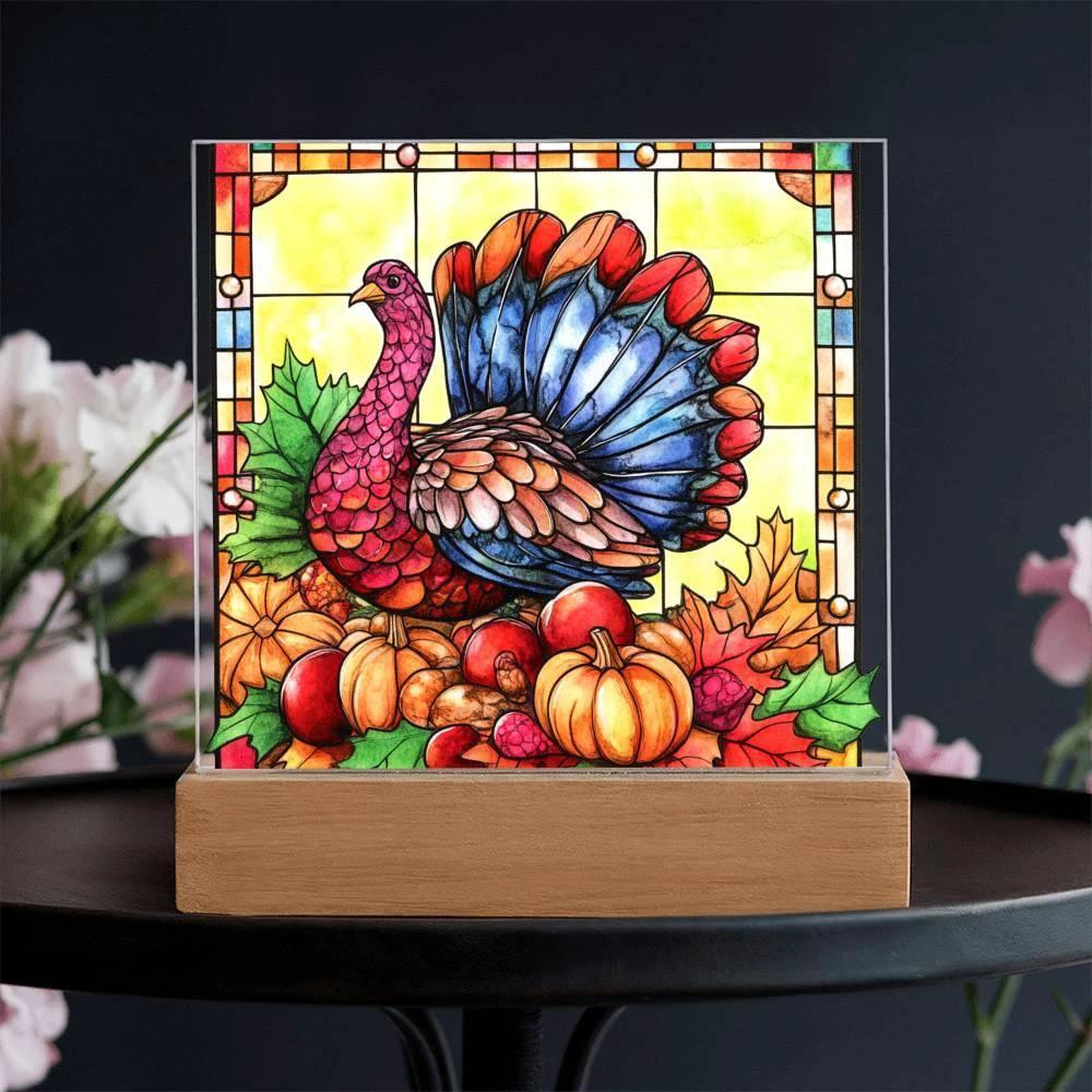 Thanksgiving Turkey Stained-glass Acrylic Square LED Lighted Wooden Base
