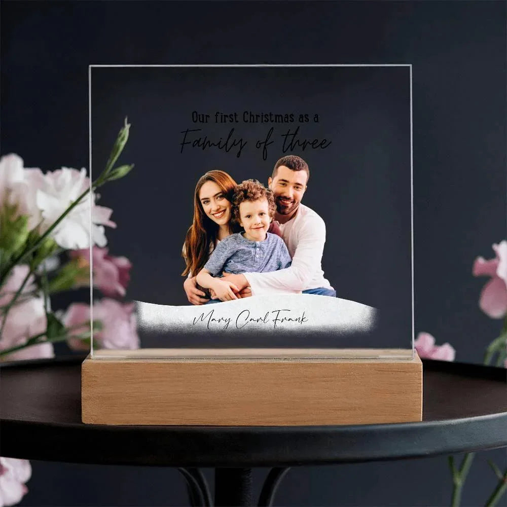 Family Acrylic Plaque – “Our First Christmas as a Family of…” | Custom Name & Family Size Light-Up Holiday Gift