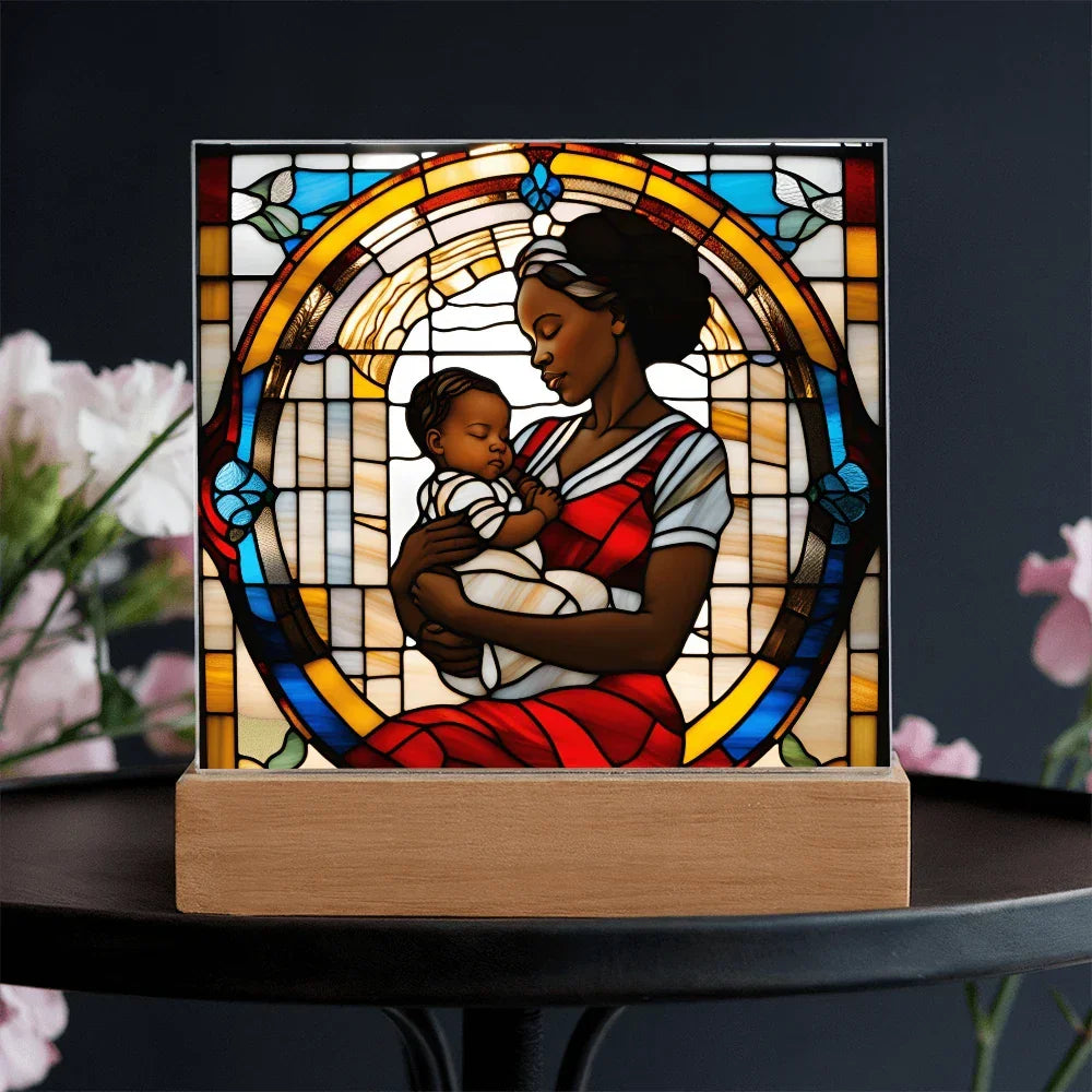 Black Mother and Baby Stained Glass Style LED Acrylic Plaque – A Powerful Tribute for New Moms and Mother's Day