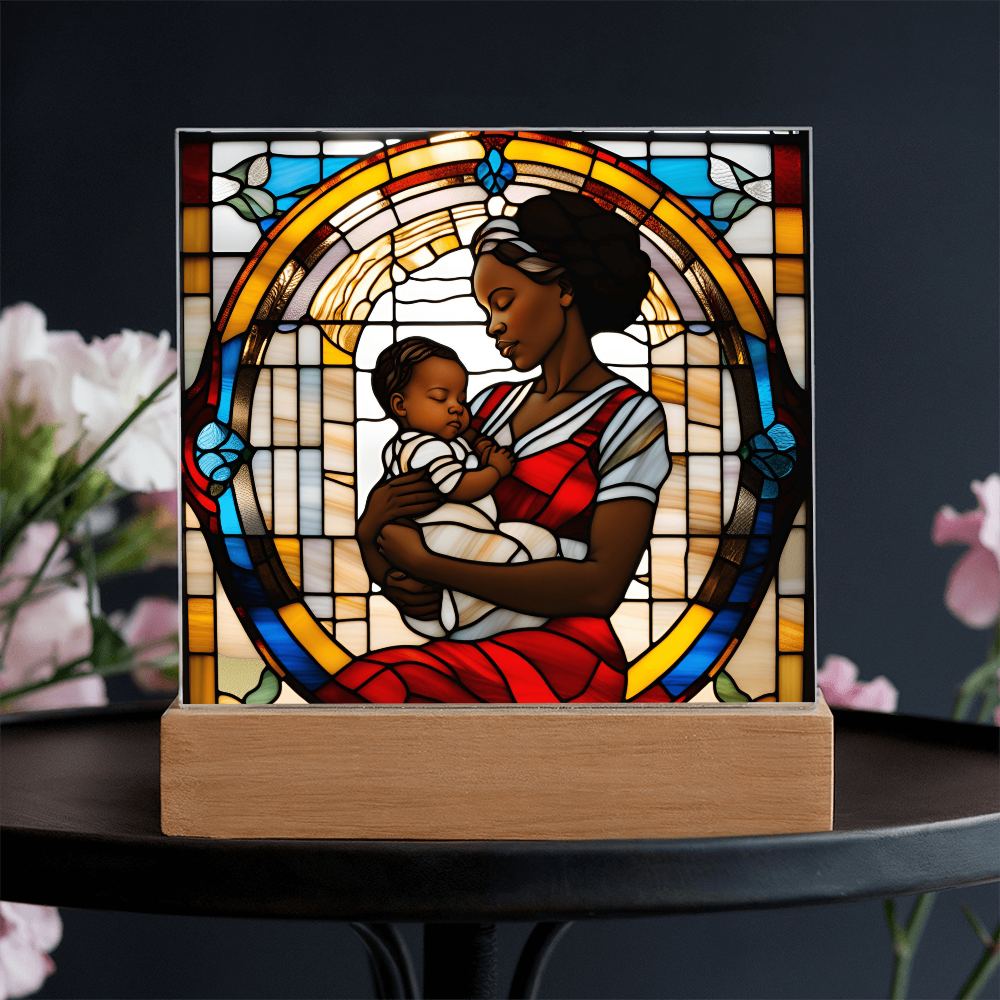 Black Mother and Baby Stained Glass Style LED Acrylic Plaque – A Powerful Tribute for New Moms and Mother's Day - Mallard Moon Gift Shop