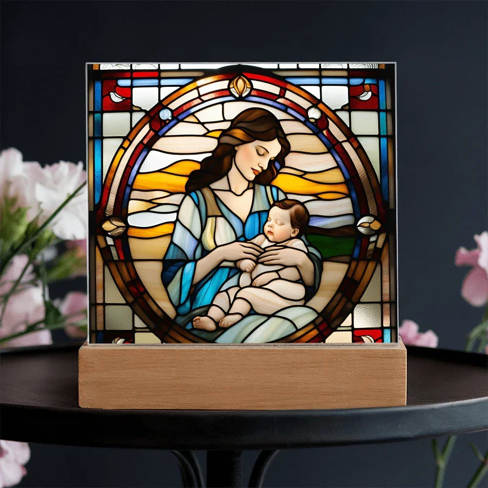 Brunette Mother and Baby - Stained Glass Style LED Acrylic Plaque – A Cherished Gift for Mother's Day or New Moms