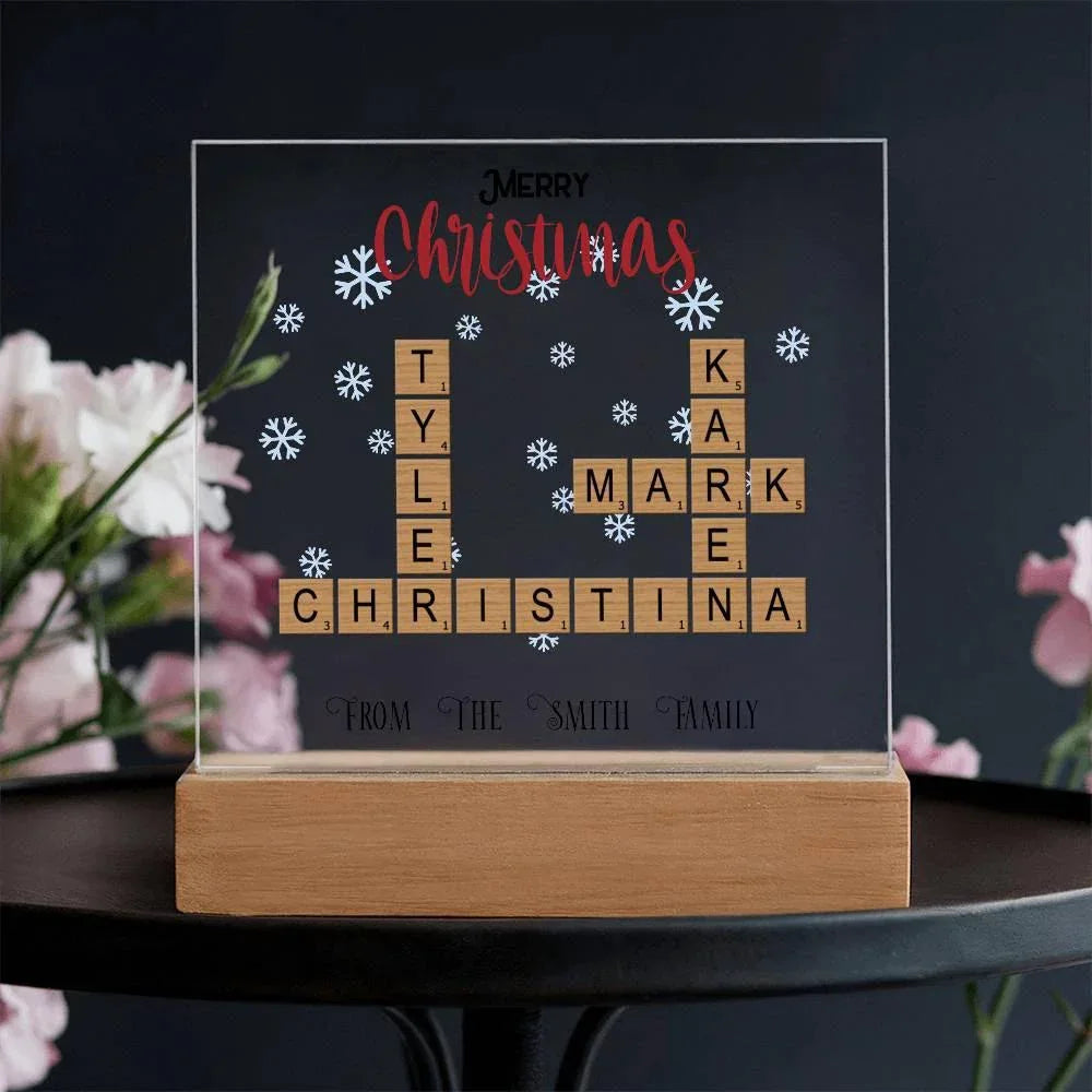 Personalized Crossword Puzzle Merry Christmas Acrylic Plaque with Lighted LED Wooden Base