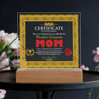 World's Greatest Mom Personalized Certificate – LED Acrylic Plaque Gift for Mother's Day