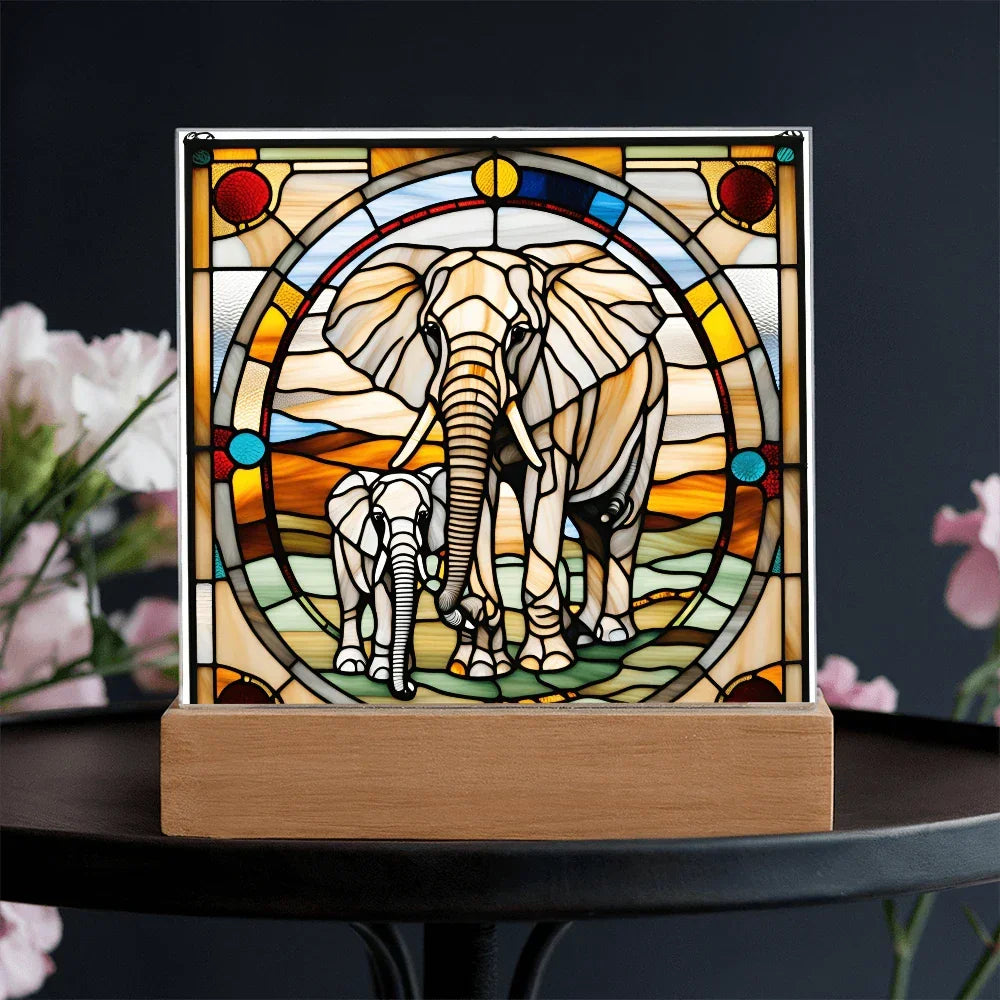 Elephant Mother and Baby Calf - Stained Glass Style LED Acrylic Plaque – A Symbol of Strength, Love, and Family
