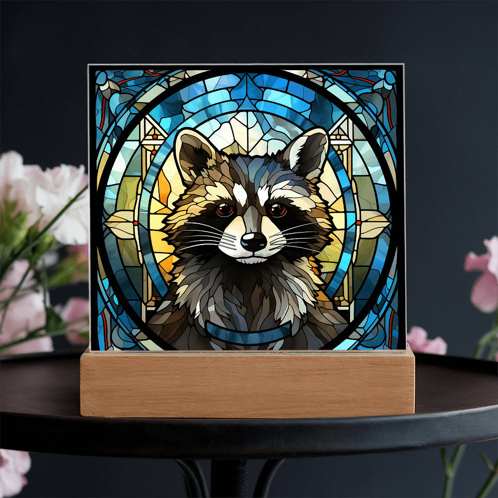 Stained Glass Raccoon Acrylic LED Light Plaque – Custom Animal Art Gift with Wooden Base - Mallard Moon Gift Shop