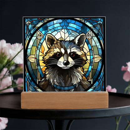 Stained Glass Raccoon Acrylic LED Light Plaque – Custom Animal Art Gift with Wooden Base - Mallard Moon Gift Shop