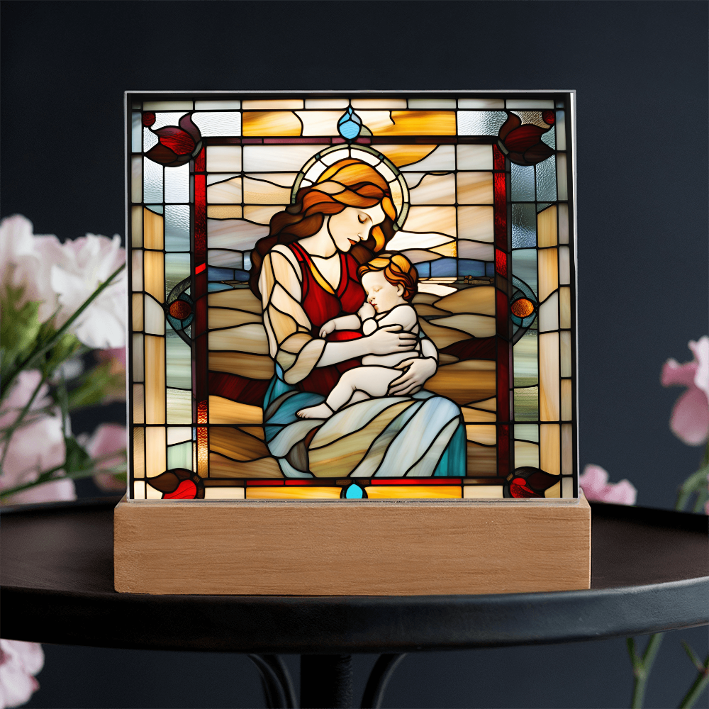 Redhead Mother and Baby - Stained Glass Style LED Acrylic Plaque – A Radiant Keepsake for New Moms and Mother's Day - Mallard Moon Gift Shop
