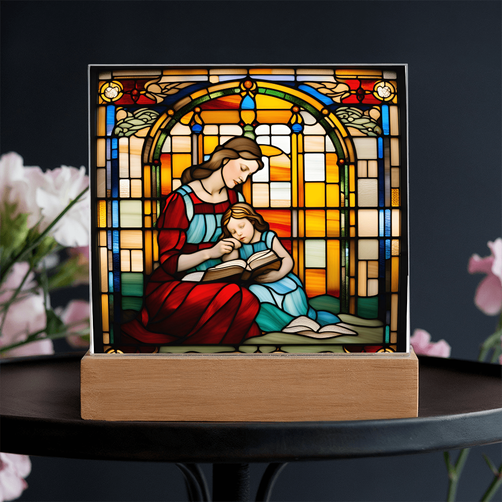 Mother and Child Reading Together Stained-Glass Style LED Acrylic Plaque – A Heartfelt Gift for Moms and Book-Loving Families - Mallard Moon Gift Shop