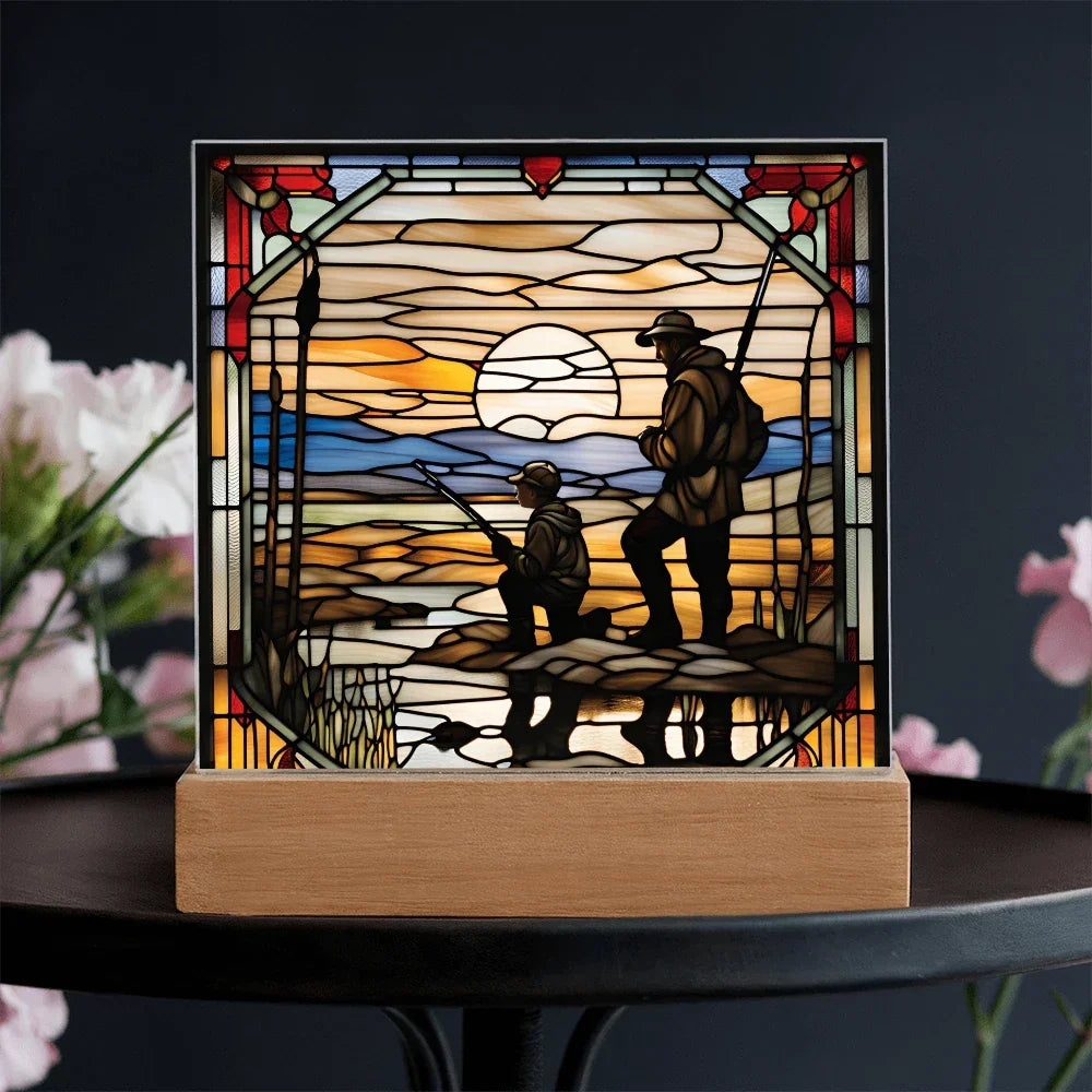 Father and Son Duck Hunting - Stained Glass Style LED Acrylic Plaque – A Meaningful Gift for Hunters and Outdoorsmen