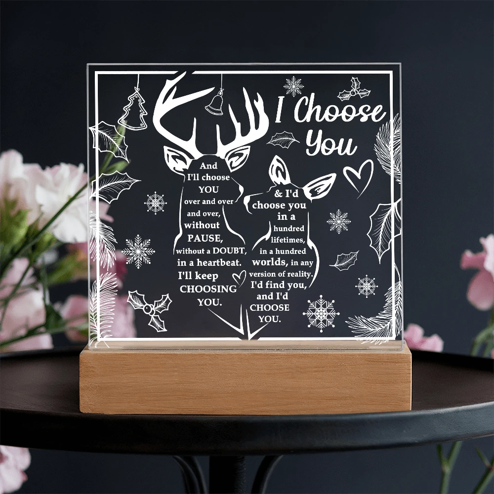 I Choose You Acrylic Plaque – Deer Couple LED Light Gift | Romantic Rustic Love Keepsake for Him or Her
