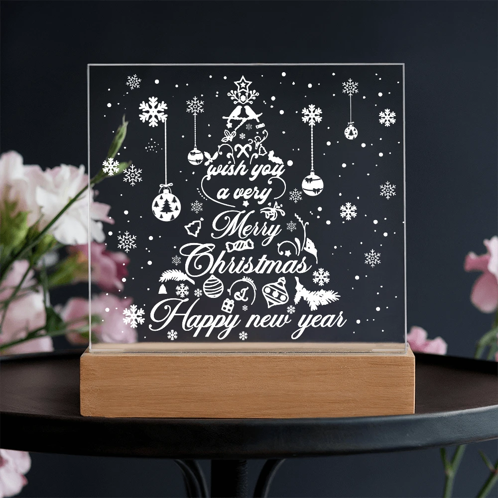 Merry Christmas & Happy New Year Acrylic Plaque – Elegant Holiday LED Light Décor | Festive Tree Design Gift
