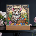 Possum LED Acrylic Plaque, Night Light – Spring Flowers & Easter Egg Basket – Wooden Base (Battery or Corded)