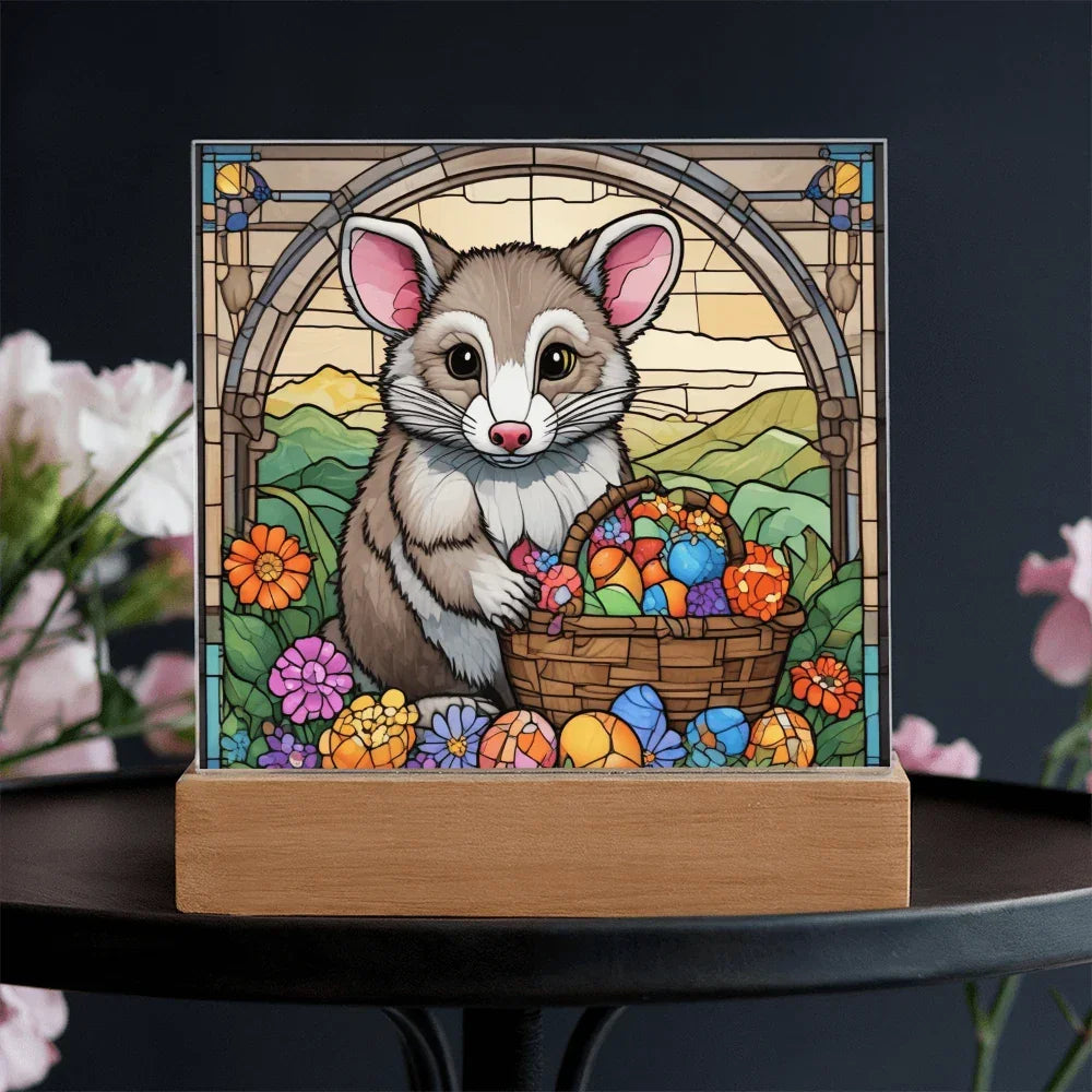 Possum LED Acrylic Plaque, Night Light – Spring Flowers & Easter Egg Basket – Wooden Base (Battery or Corded)