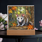 North American Opossum LED Acrylic Plaque – Autumn Forest Scene – Wooden Base (Battery or Corded)