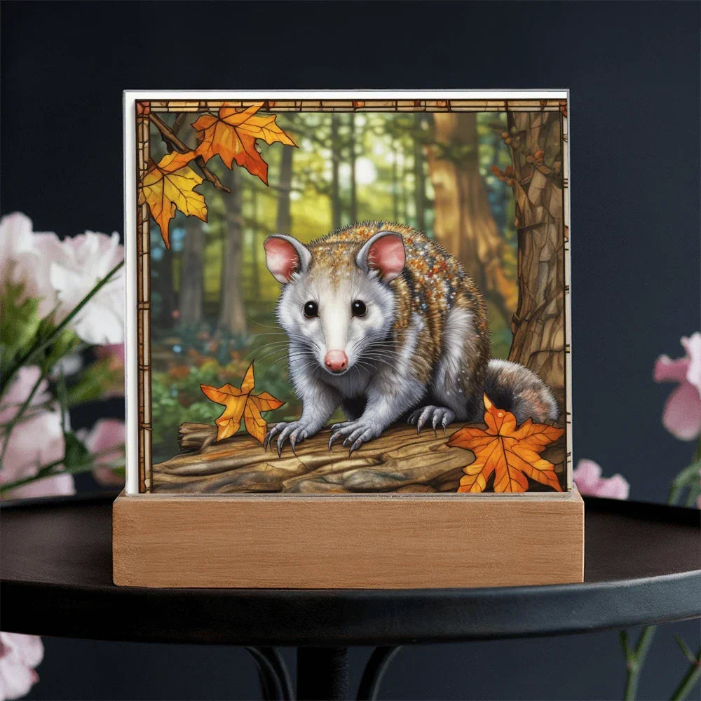 North American Opossum LED Acrylic Plaque – Autumn Forest Scene – Wooden Base (Battery or Corded)