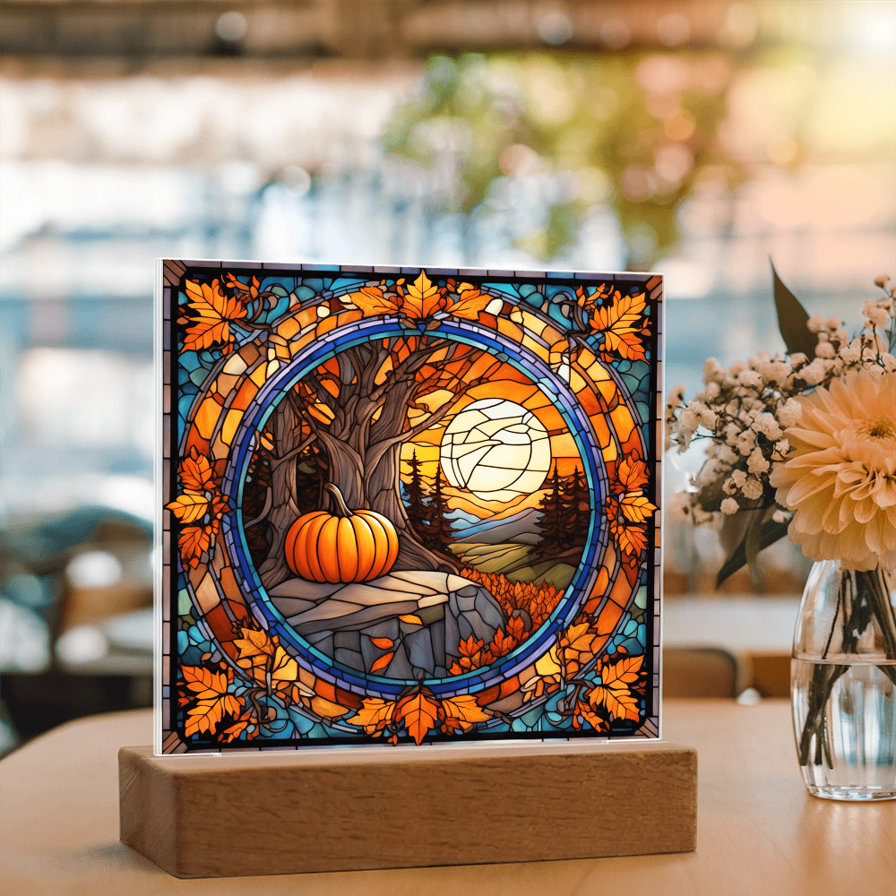 Stained Glass Autumn Pumpkin Sunset Acrylic Plaque – Fall Harvest Home Decor with LED Light Base | Thanksgiving Window Art Accent