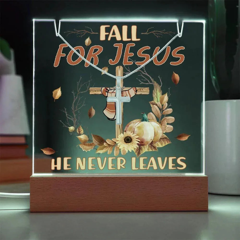 Fall for Jesus Acrylic Plaque – Christian Fall Décor with Artsan Cross Necklace | Faith-Based LED Light Display Gift