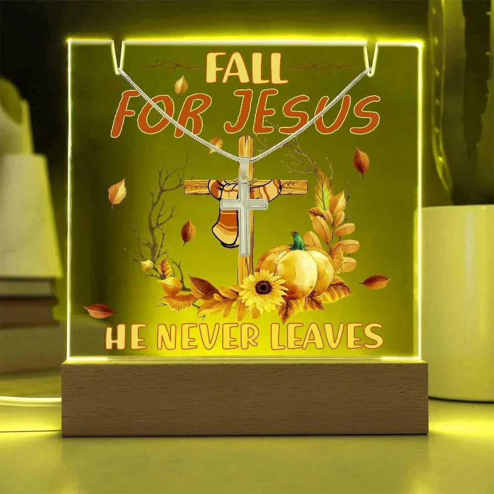 Fall for Jesus Acrylic Plaque – Christian Fall Décor with Artsan Cross Necklace | Faith-Based LED Light Display Gift