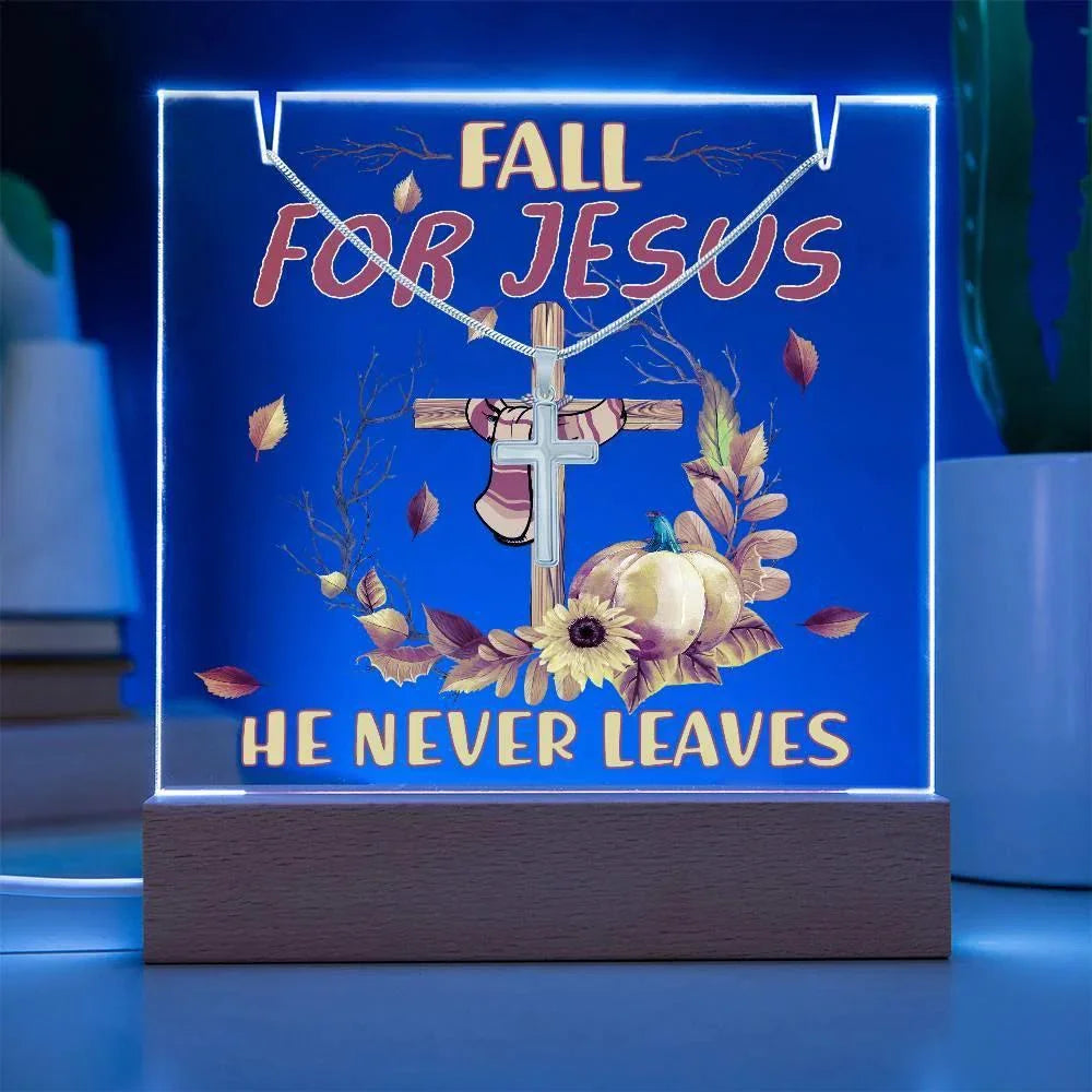 Fall for Jesus Acrylic Plaque – Christian Fall Décor with Artsan Cross Necklace | Faith-Based LED Light Display Gift