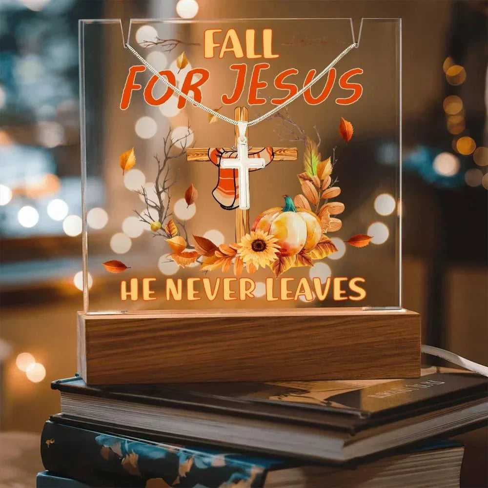 Fall for Jesus Acrylic Plaque – Christian Fall Décor with Artsan Cross Necklace | Faith-Based LED Light Display Gift