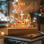 Fall for Jesus Acrylic Plaque – Christian Fall Décor with Artsan Cross Necklace | Faith-Based LED Light Display Gift