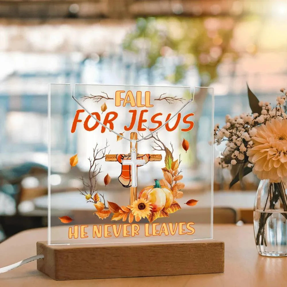 Fall for Jesus Acrylic Plaque – Christian Fall Décor with Artsan Cross Necklace | Faith-Based LED Light Display Gift