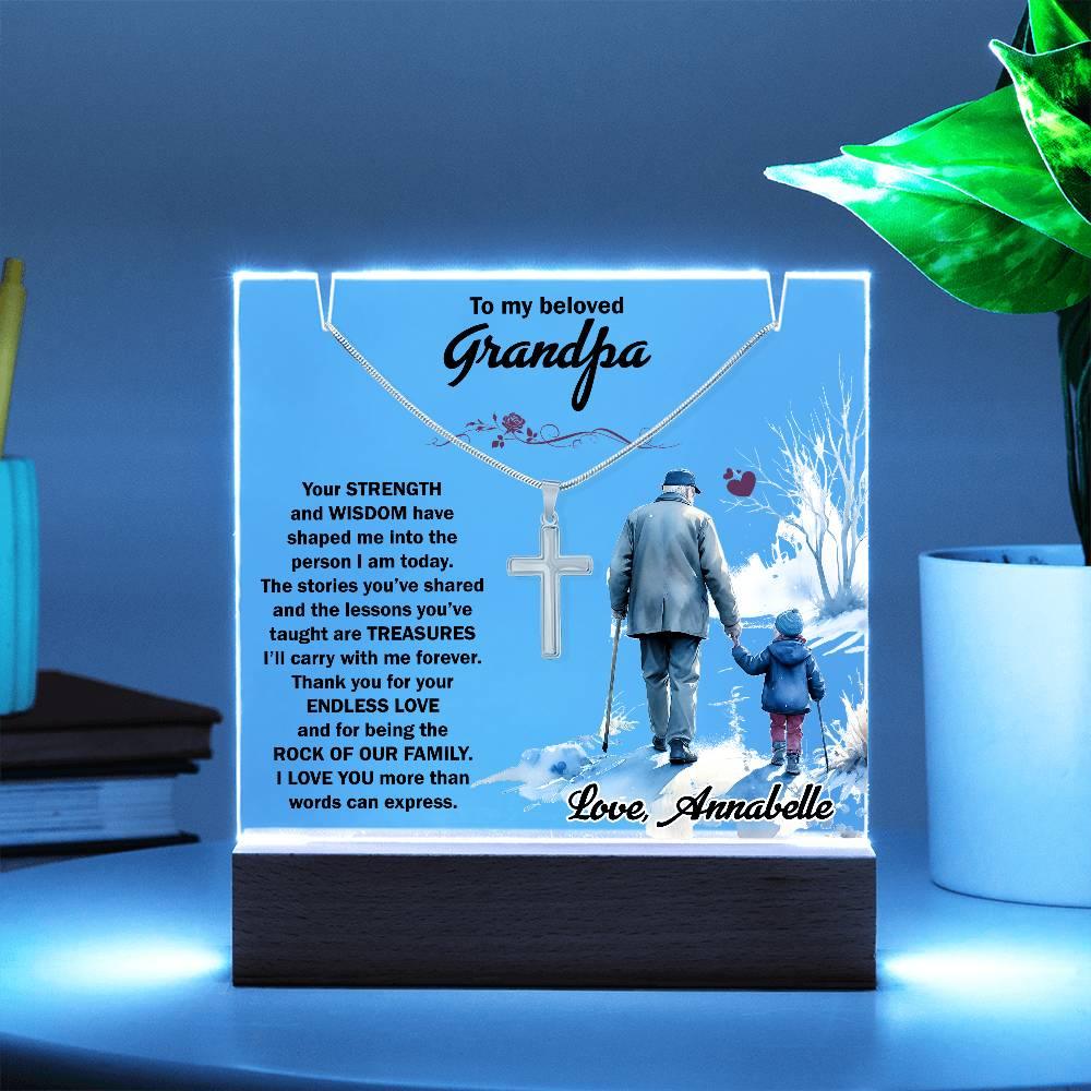 Keepsake Grandfather Personalized Acrylic Plaque with Cross Necklace - Mallard Moon Gift Shop