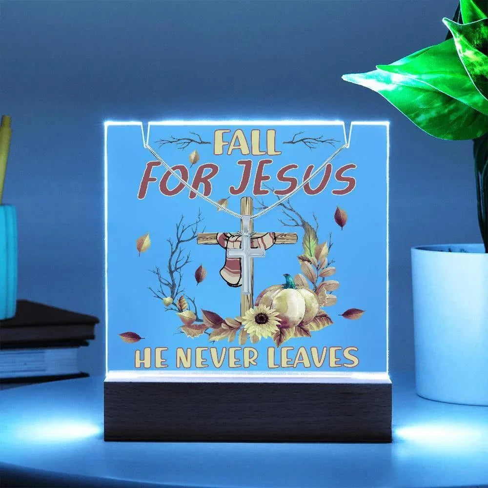 Fall for Jesus Acrylic Plaque – Christian Fall Décor with Artsan Cross Necklace | Faith-Based LED Light Display Gift