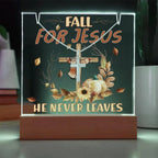 Fall for Jesus Acrylic Plaque – Christian Fall Décor with Artsan Cross Necklace | Faith-Based LED Light Display Gift
