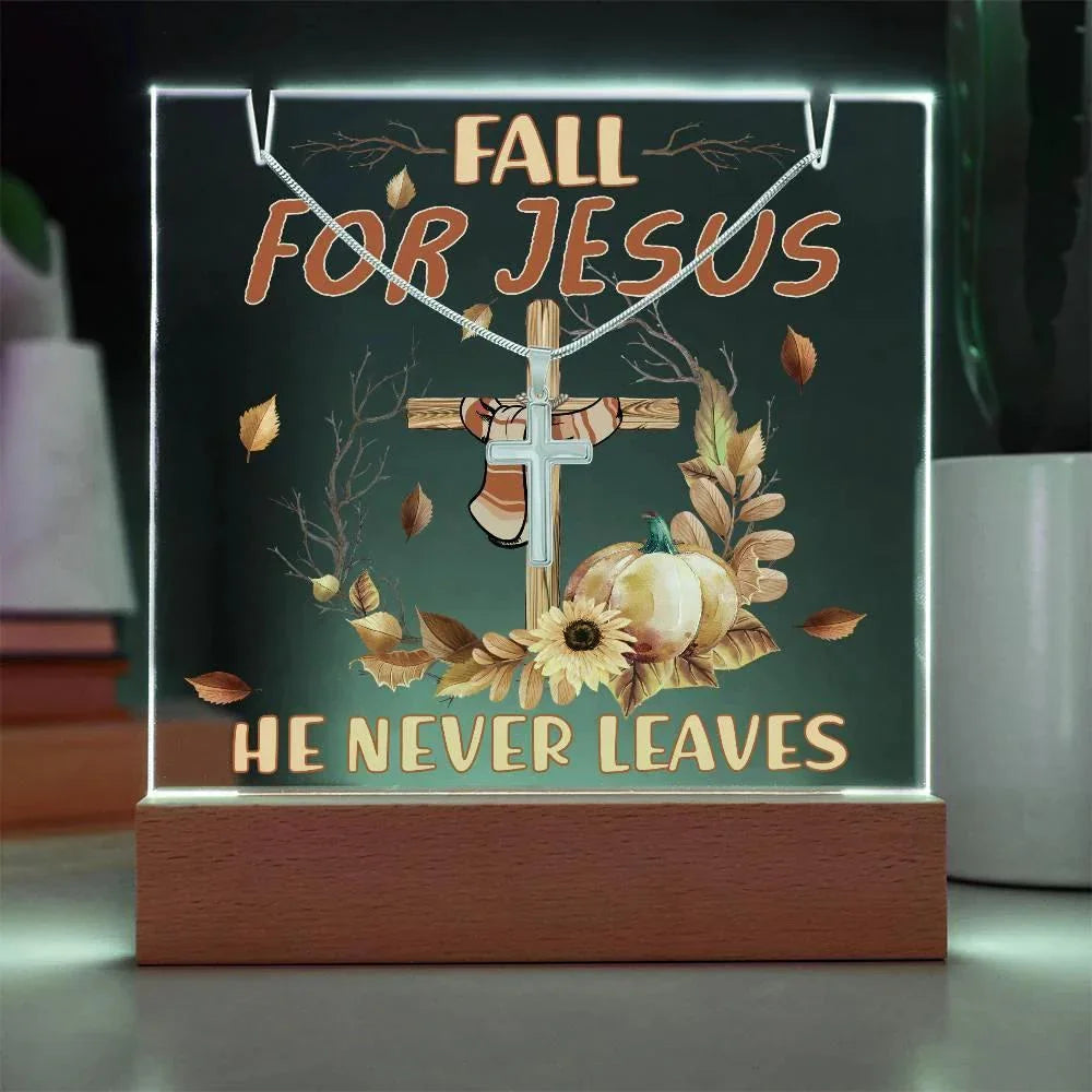 Fall for Jesus Acrylic Plaque – Christian Fall Décor with Artsan Cross Necklace | Faith-Based LED Light Display Gift