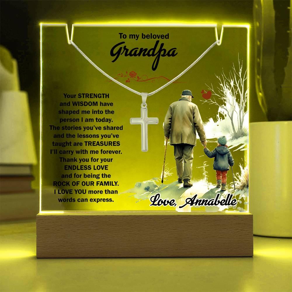 Keepsake Grandfather Personalized Acrylic Plaque with Cross Necklace - Mallard Moon Gift Shop