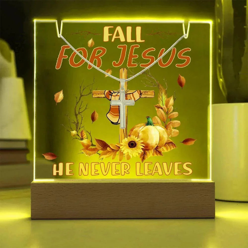 Fall for Jesus Acrylic Plaque – Christian Fall Décor with Artsan Cross Necklace | Faith-Based LED Light Display Gift